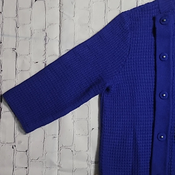 Chico's Woolen 3/4 Sleeve Royal Blue Wool Blend Granny Cardigan Sweater - Picture 3 of 13